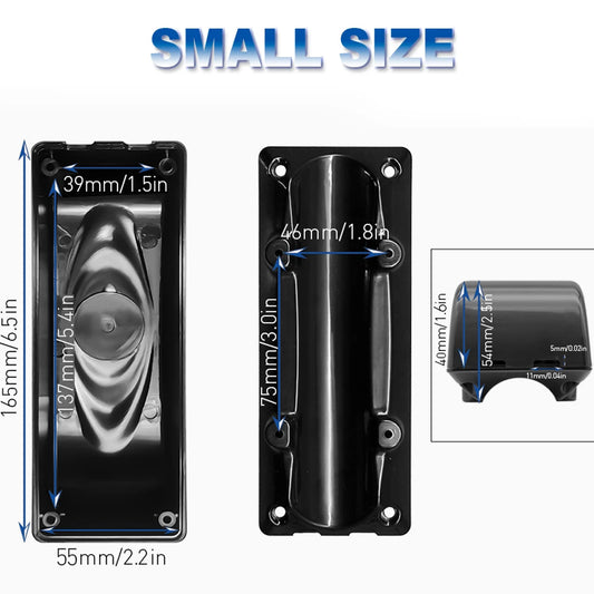Black metal door stopper with dimension measurements for small size, shown from front, back, and side views on a white background with blue text.