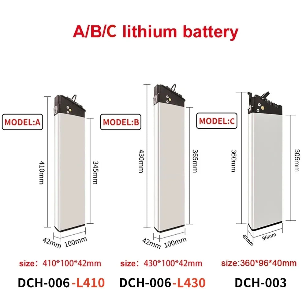 Three different models of lithium batteries with dimensions labeled on a white background.