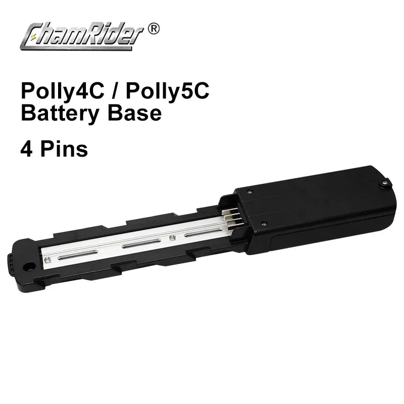 ChamRider Polly4C / Polly5C Battery Base, 4 Pins, shown as a black plastic replacement base with a silver metal rail on a white background with text overlay.