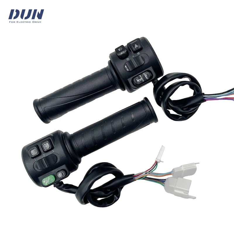 Pair of electric bike handlebars with control buttons and wiring on a white background, featuring the brand 'DUJ'.