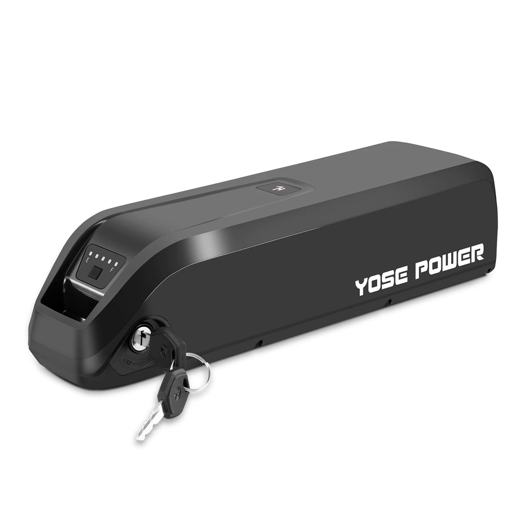 A black Yose Power electric bicycle battery with a keyhole lock and keys attached, shown on a plain white background.