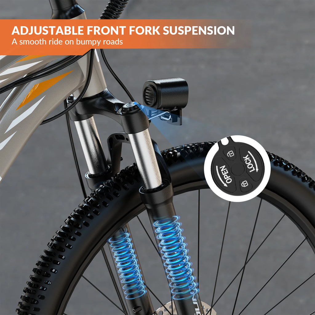 Bicycle with adjustable front fork suspension on a gray background