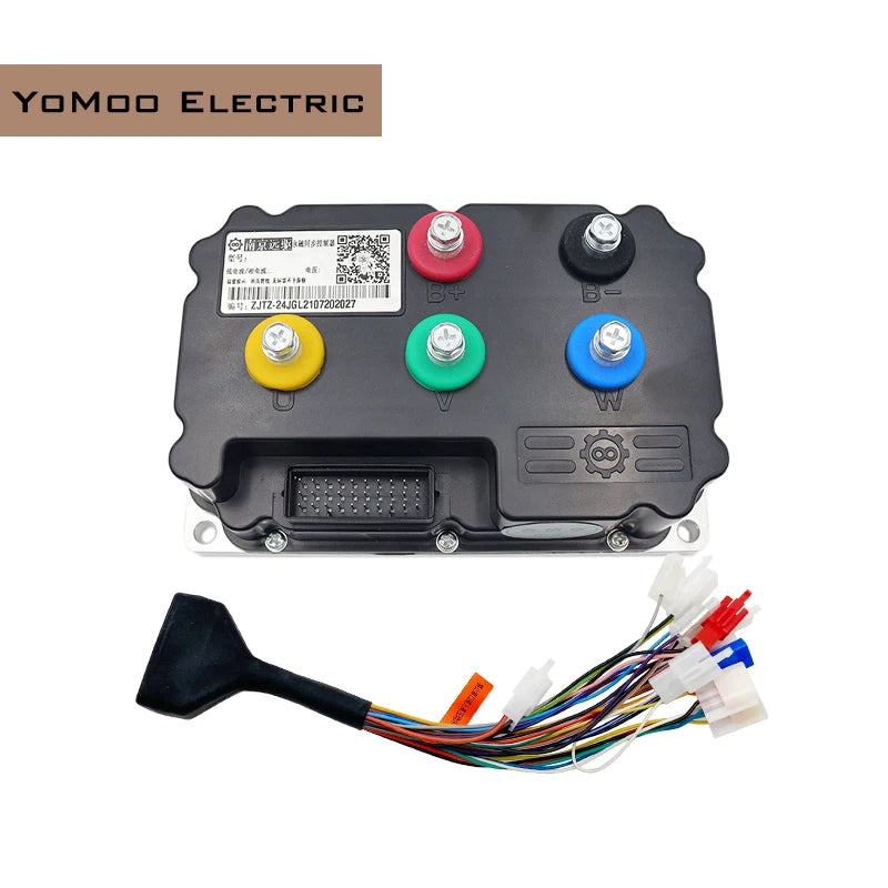 An electric motor controller module with a black plastic housing, featuring five colored terminal caps (red, yellow, green, blue, black) and a multi-colored wiring harness with white, red, blue, and orange connectors. The brand 'YoMoo Electric' is displayed in a brown banner at the top left.