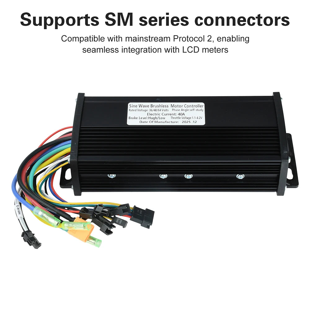 A black rectangular brushless motor controller with attached multicolored wiring and connector plugs, shown on a white background with text stating it supports SM series connectors and is compatible with mainstream Protocol 2.