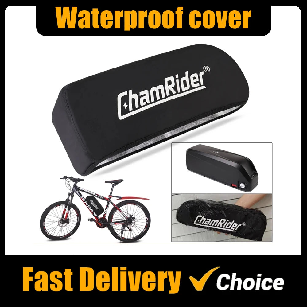 Black waterproof cover with ChamRider branding, displayed with a bicycle and additional images of the cover.