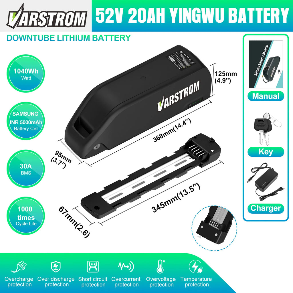 Varstrom 52V 20Ah Yingwu battery with specifications and features on a white background