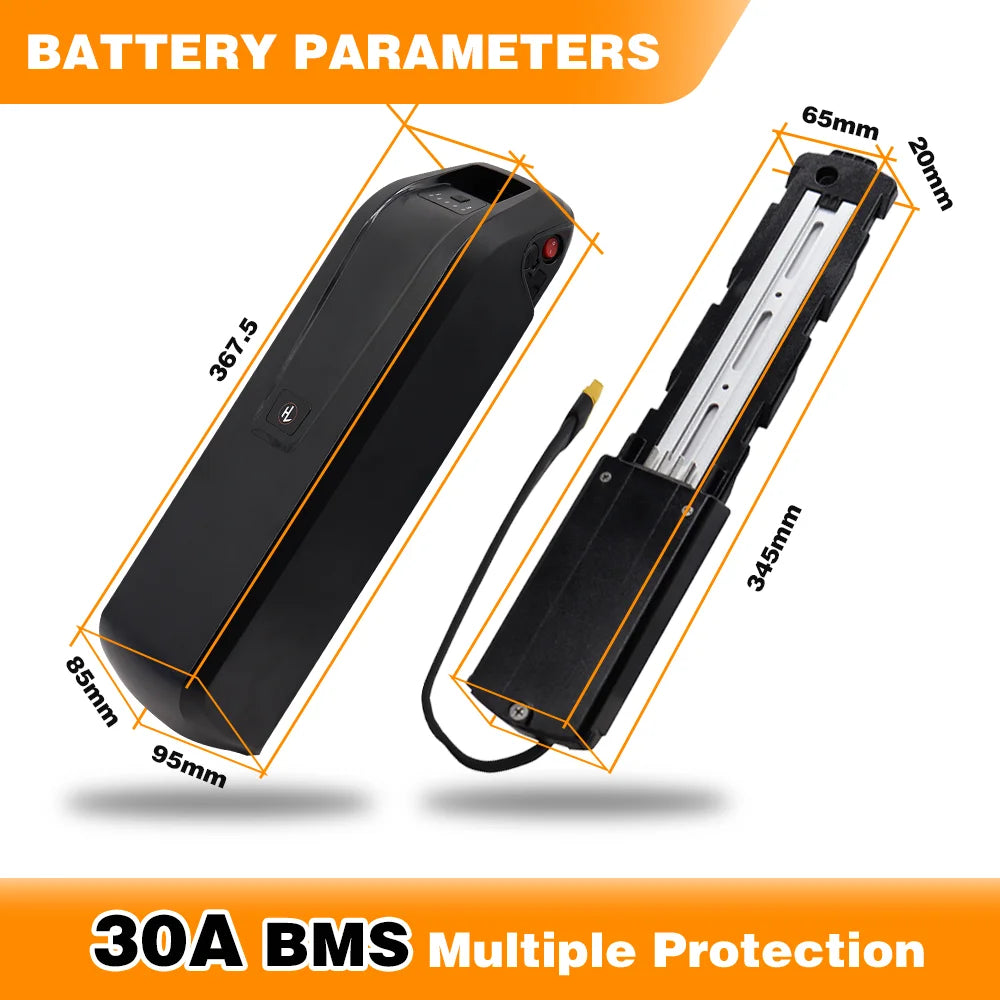 Battery pack with dimensions and 30A BMS text on a white background