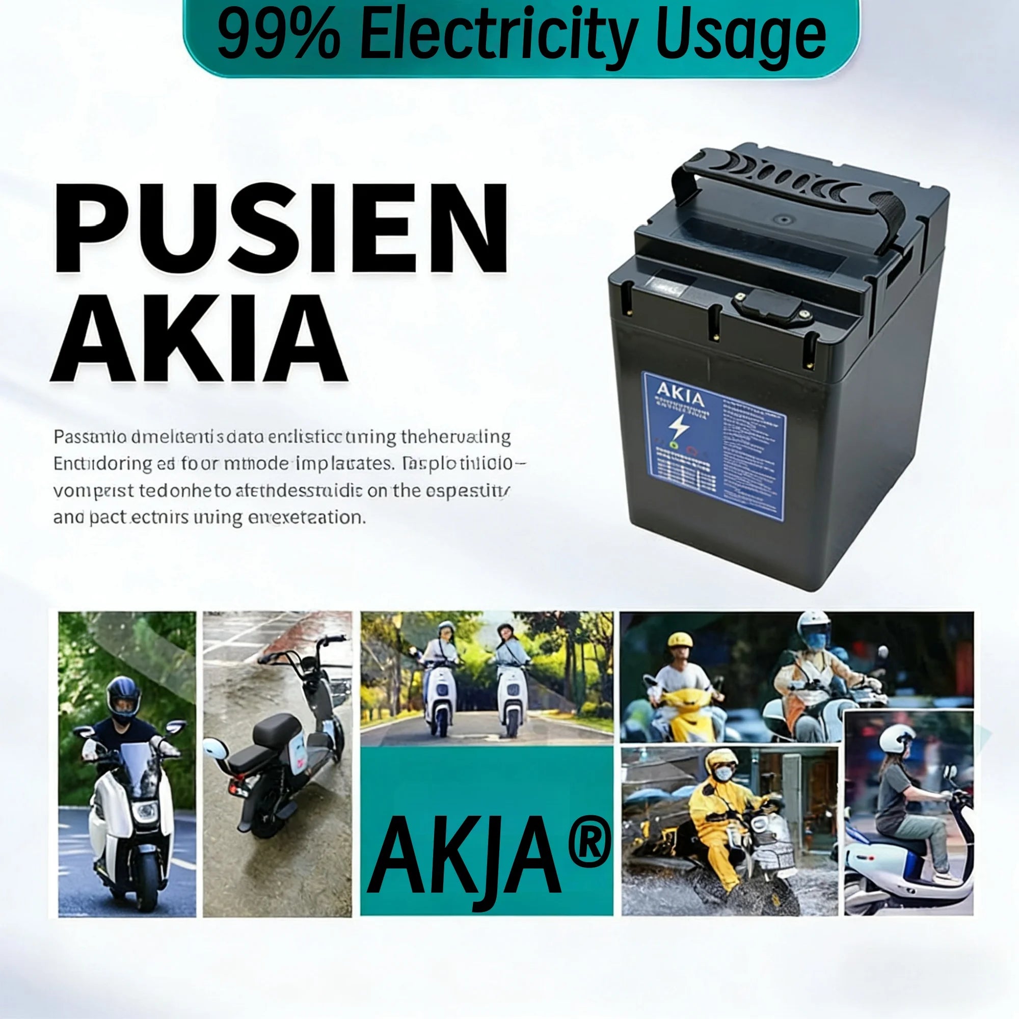 AKJA Pusiien electric scooter battery with a black casing and blue label, shown alongside multiple scooter riders on roads and in traffic, with text indicating 99% electricity usage.