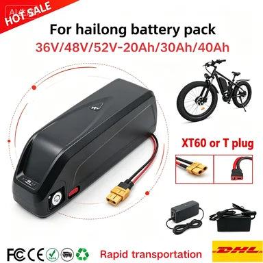 A black rectangular electric bicycle battery pack with red and gold XT60/T plug connectors, shown on a white promotional background with a bicycle, charger, and text reading 'For hailong battery pack' and 'Rapid transportation'.