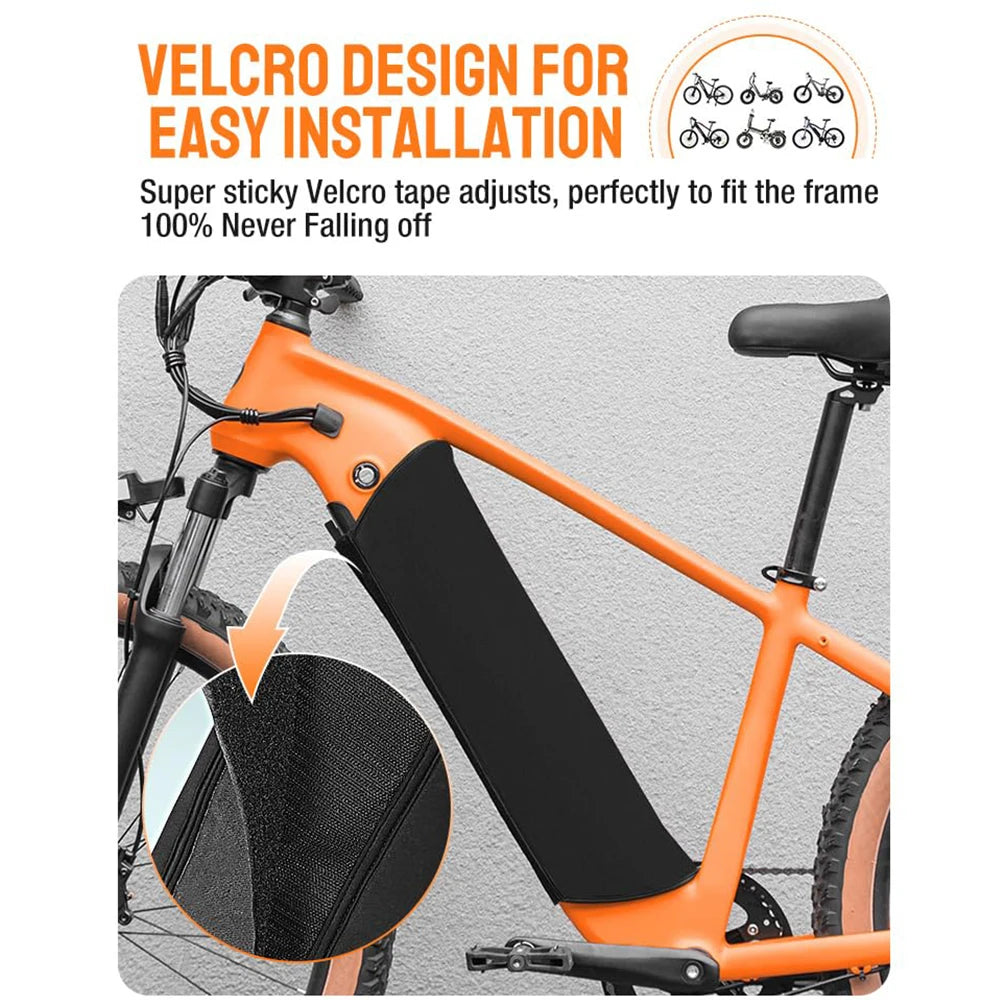 An orange electric bicycle frame with a black Velcro battery cover, shown with promotional text and a circular inset detail of the textured tape. The text reads 'VELCRO DESIGN FOR EASY INSTALLATION' and 'Super sticky Velcro tape adjusts, perfectly to fit the frame 100% Never Falling off'.