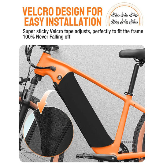 An orange electric bicycle frame with a black Velcro battery cover, shown with promotional text and a circular inset detail of the textured tape. The text reads 'VELCRO DESIGN FOR EASY INSTALLATION' and 'Super sticky Velcro tape adjusts, perfectly to fit the frame 100% Never Falling off'.