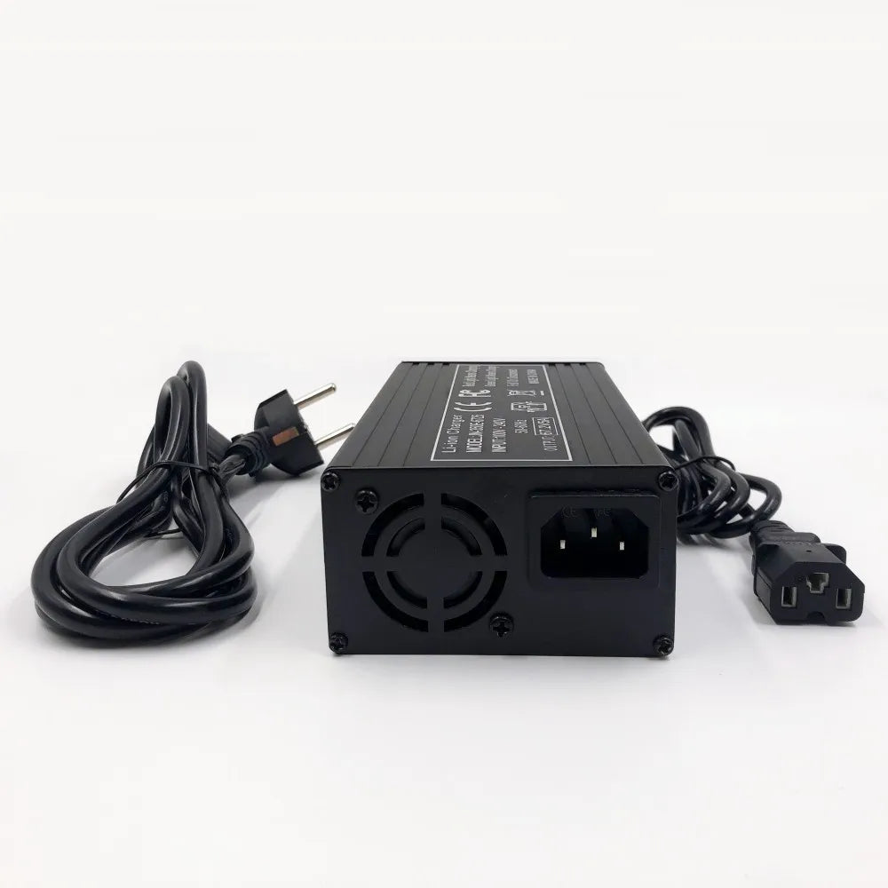 Black power adapter with cables on a white background