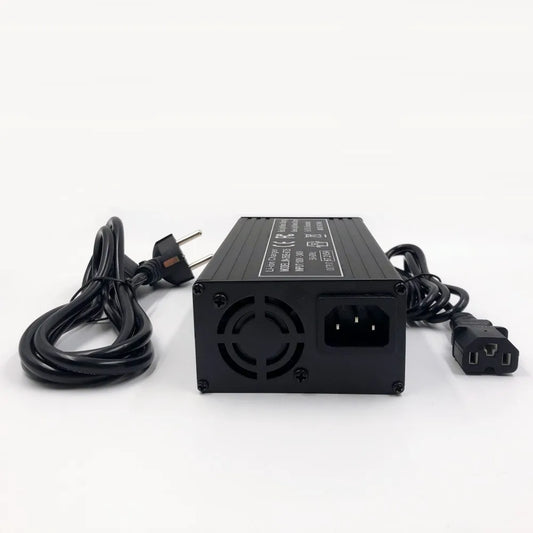 Black power adapter with cables on a white background