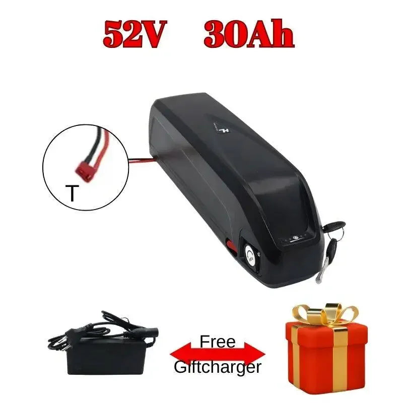 Black battery pack with specifications and accessories on a white background