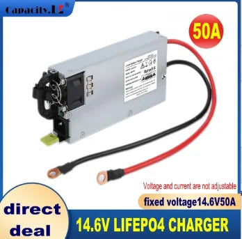 A 14.6V 50A lifePO4 charger power supply with red and black cable leads, shown on a white background with promotional text overlays.