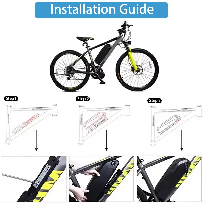 Installation guide graphic showing a step-by-step process for mounting an electric bicycle battery. The top half features a black and yellow electric mountain bike with a battery pack mounted on its frame.