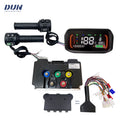 A DUN brand motorcycle or electric scooter digital dashboard display kit with two black handlebars, a black LCD display screen, a central control box with colored buttons, wiring harness, and mounting bracket on a white background.