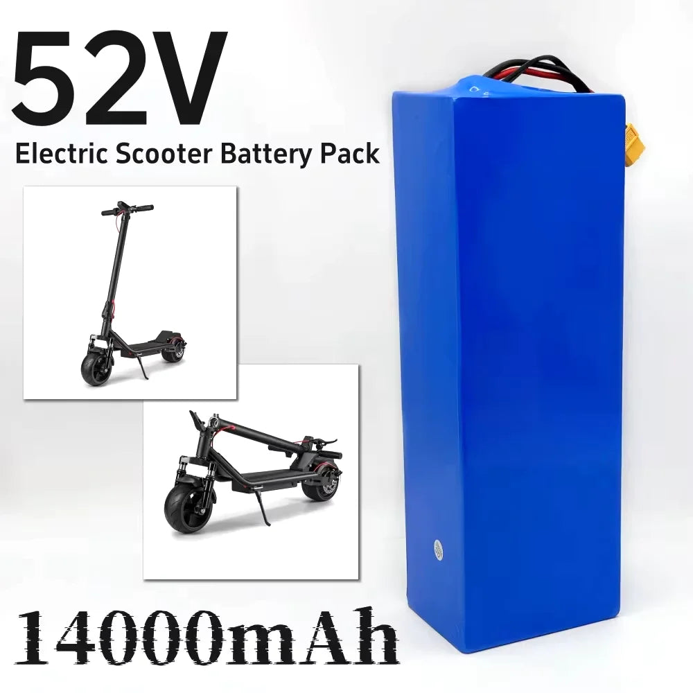A blue rectangular electric scooter battery pack with text reading '52V Electric Scooter Battery Pack' and '14000mAh'. Two small inset photos show a black folding electric scooter, likely demonstrating compatibility or use.