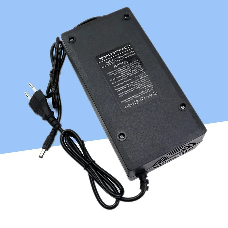 Black power adapter with cable on a blue and white background