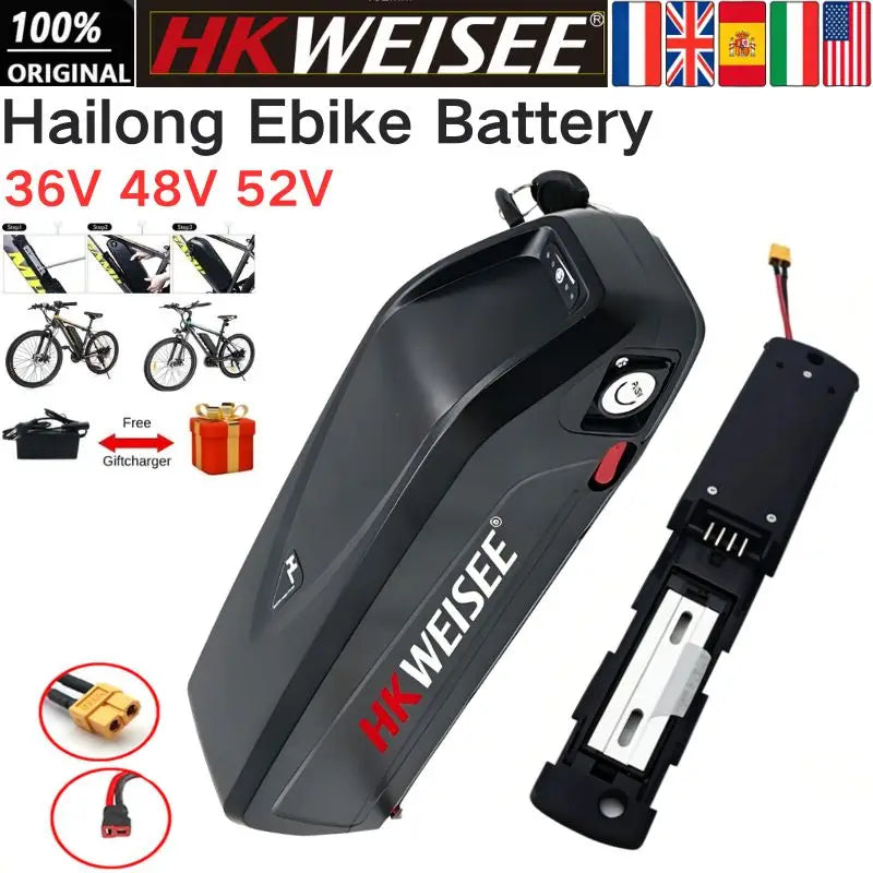 HK Weisee Hailong ebike battery in black with red and white branding, shown alongside its battery terminal cover and connector details on a white background with promotional text and small bike graphics.
