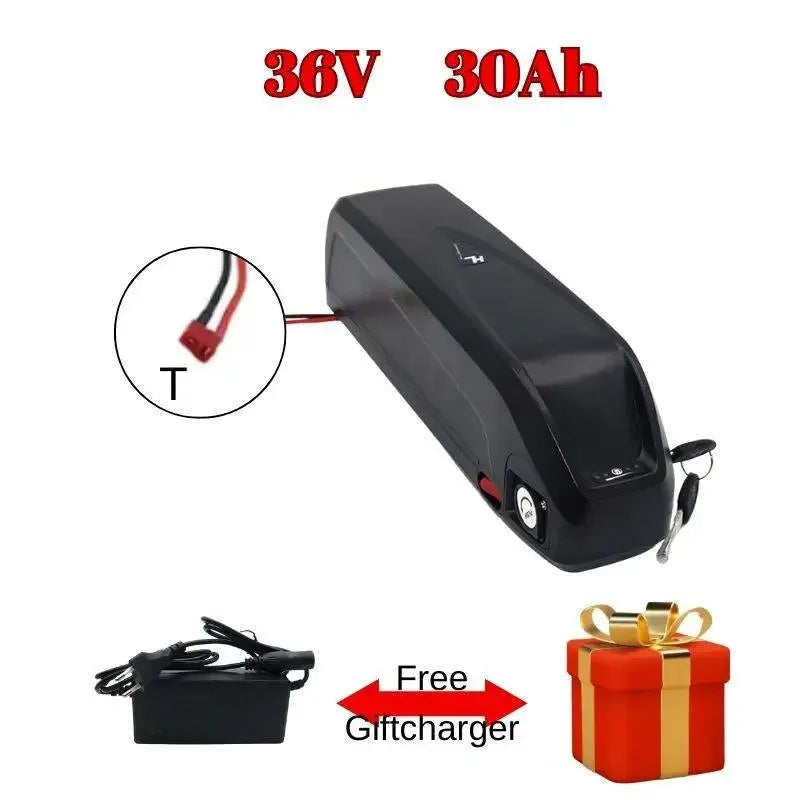 Black battery pack with specifications and accessories on a white background