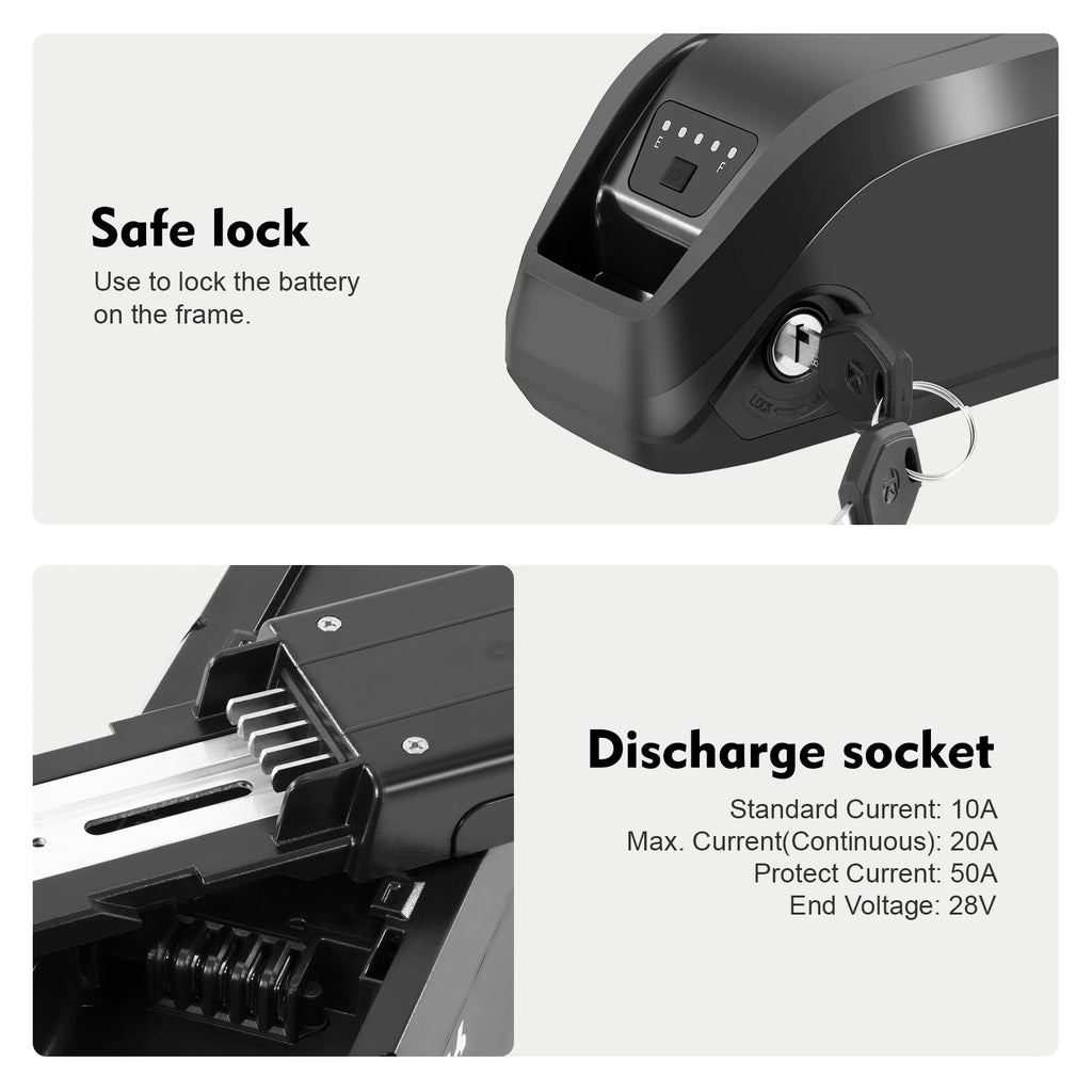 Two-panel product feature graphic showing a black battery frame lock and discharge socket. The top panel shows the lock mechanism with keys and text reading 'Safe lock' and 'Use to lock the battery on the frame.