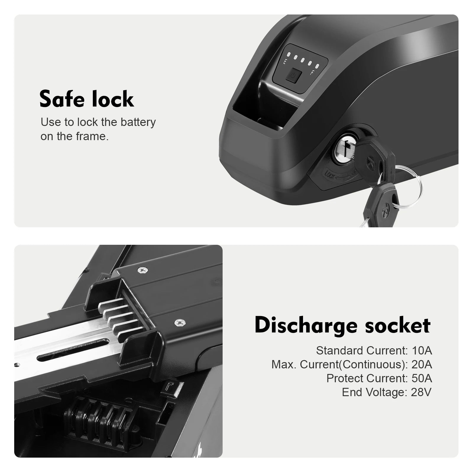 Two-panel product feature graphic showing a black battery frame lock and discharge socket. The top panel shows the lock mechanism with keys and text reading 'Safe lock' and 'Use to lock the battery on the frame.