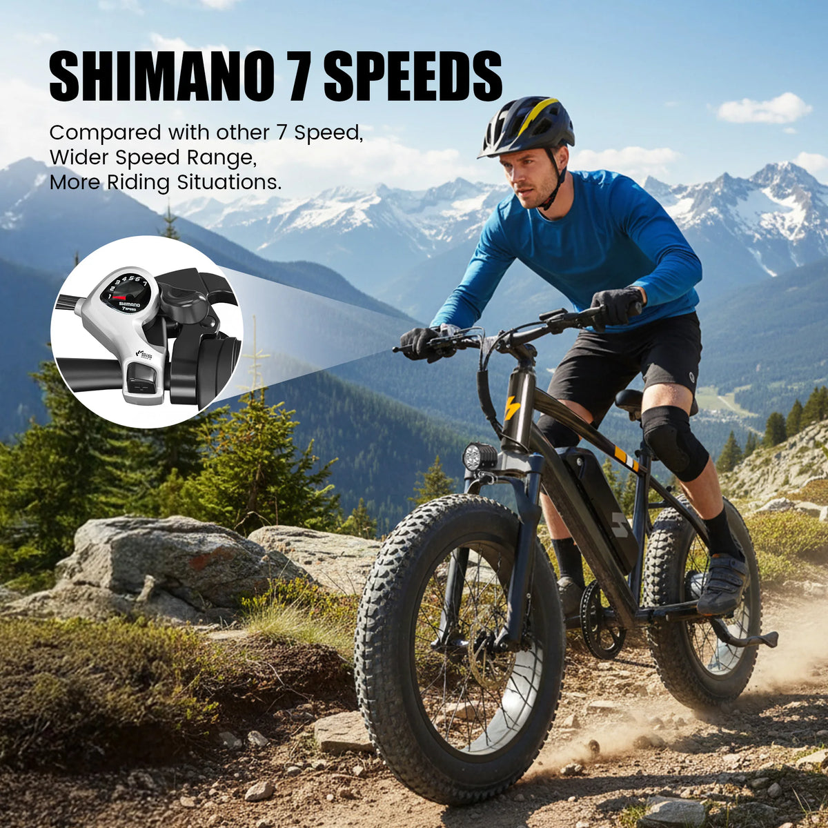A man riding a fat-tire electric mountain bike on a dirt trail with snowy mountains in the background. A circular inset shows a Shimano component close-up, with large text reading 'SHIMANO 7 SPEEDS' and descriptive copy about speed range.