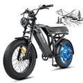 A black fat-tire electric bicycle with a headlight, rear suspension, and a blue-accented wheel hub, shown on a white background with a small black-and-white mountain illustration in the upper right.
