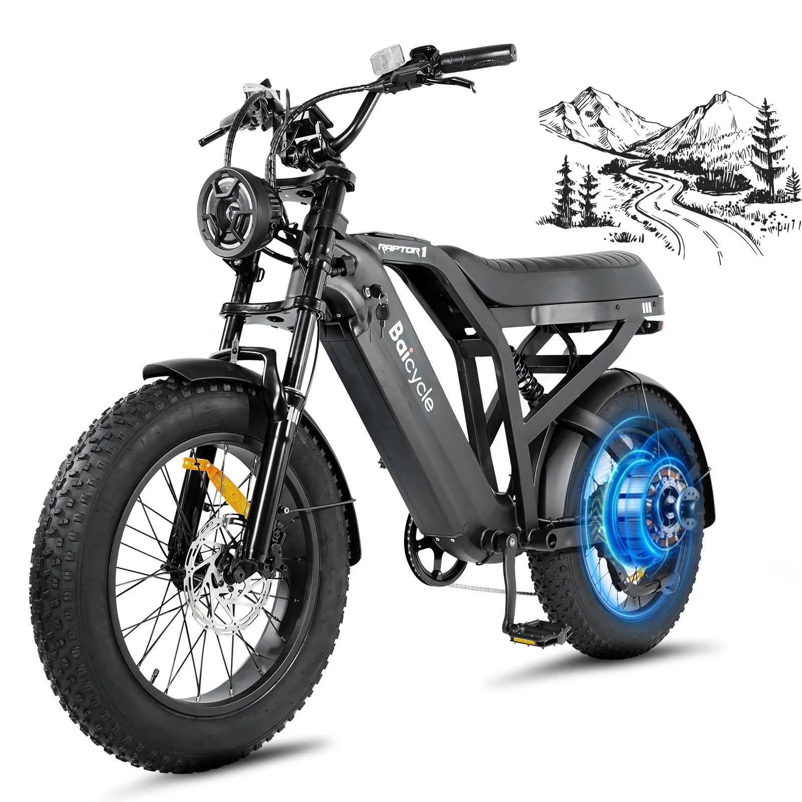 A black fat-tire electric bicycle with a headlight, rear suspension, and a blue-accented wheel hub, shown on a white background with a small black-and-white mountain illustration in the upper right.