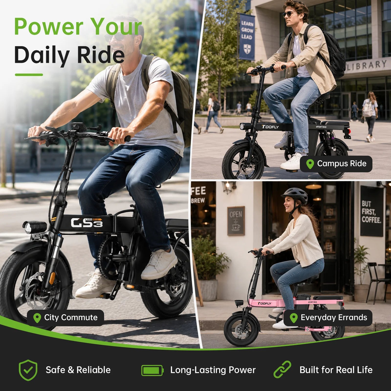 A promotional collage for a folding electric bicycle, showing three lifestyle scenes with people riding the bike in urban settings. The left panel shows a man riding a black C.