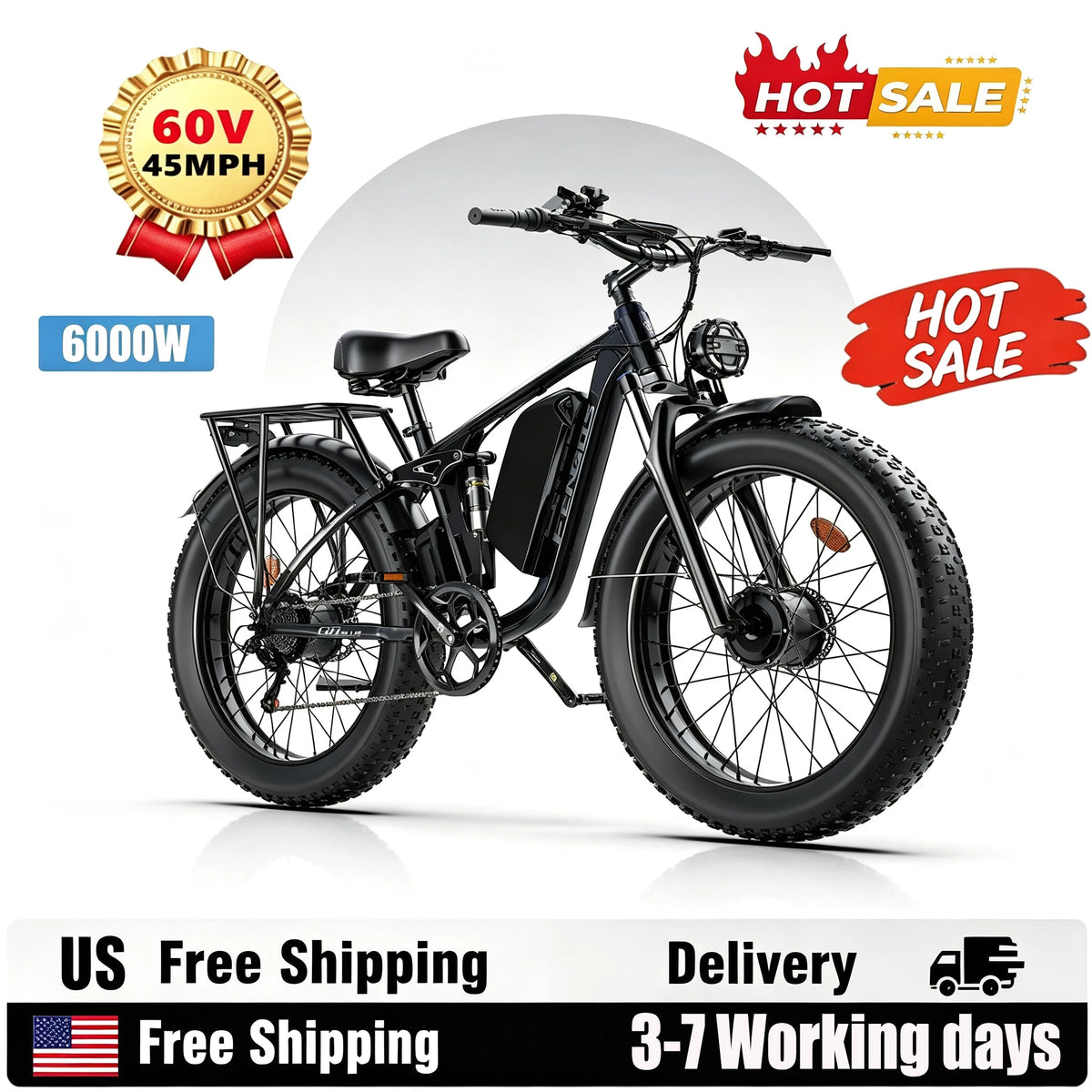 A black electric fat tire bike with a front headlight, rear rack, and large knobby tires, shown on a white background with promotional badges including '60V 45MPH', '6000W', 'HOT SALE', and shipping/delivery text.