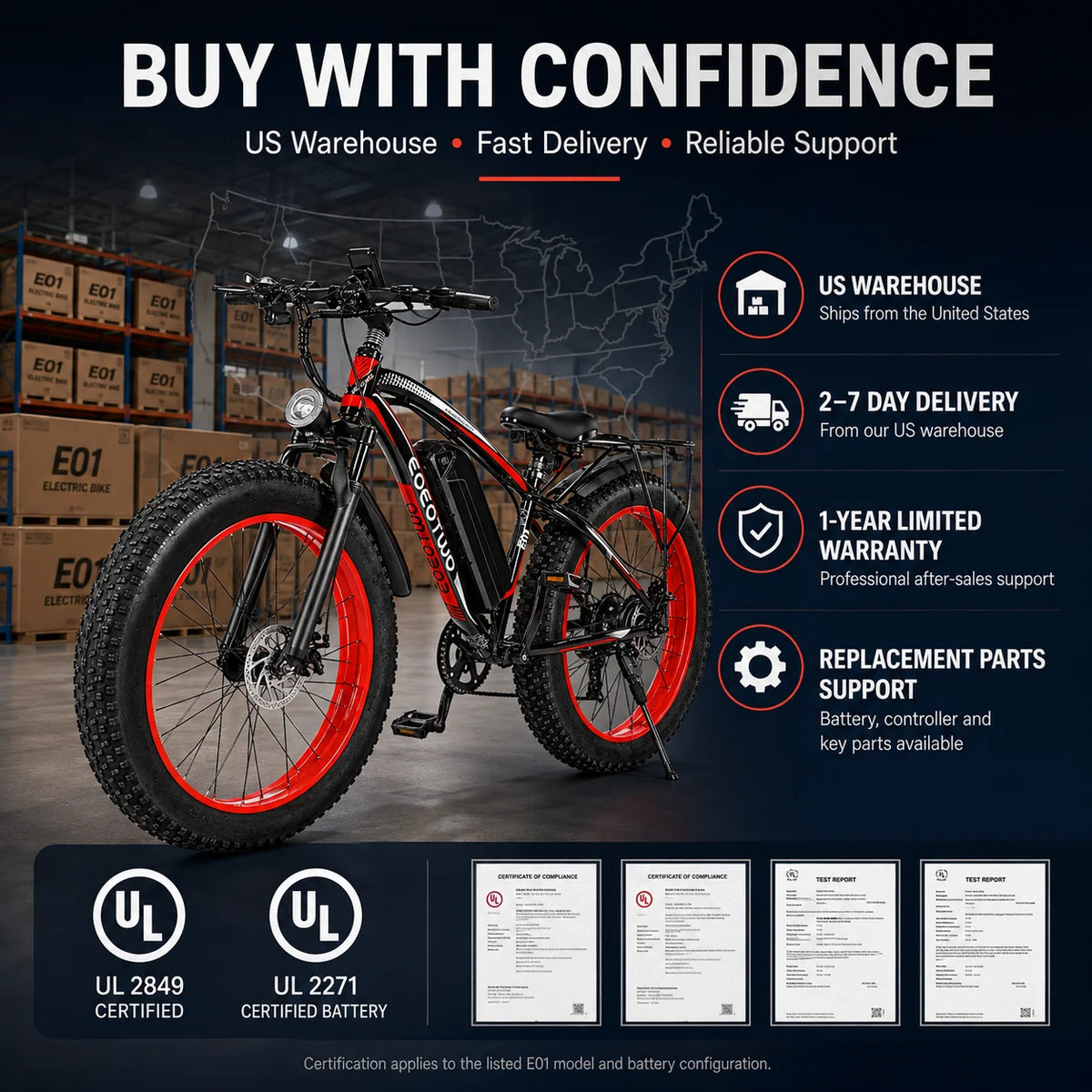 An electric fat-tire bicycle with a black frame and red rims is shown on a dark promotional background with warehouse boxes, large text reading 'BUY WITH CONFIDENCE,' feature callouts about US warehouse shipping and 2-7 day delivery, certification badges, and warranty/support information.