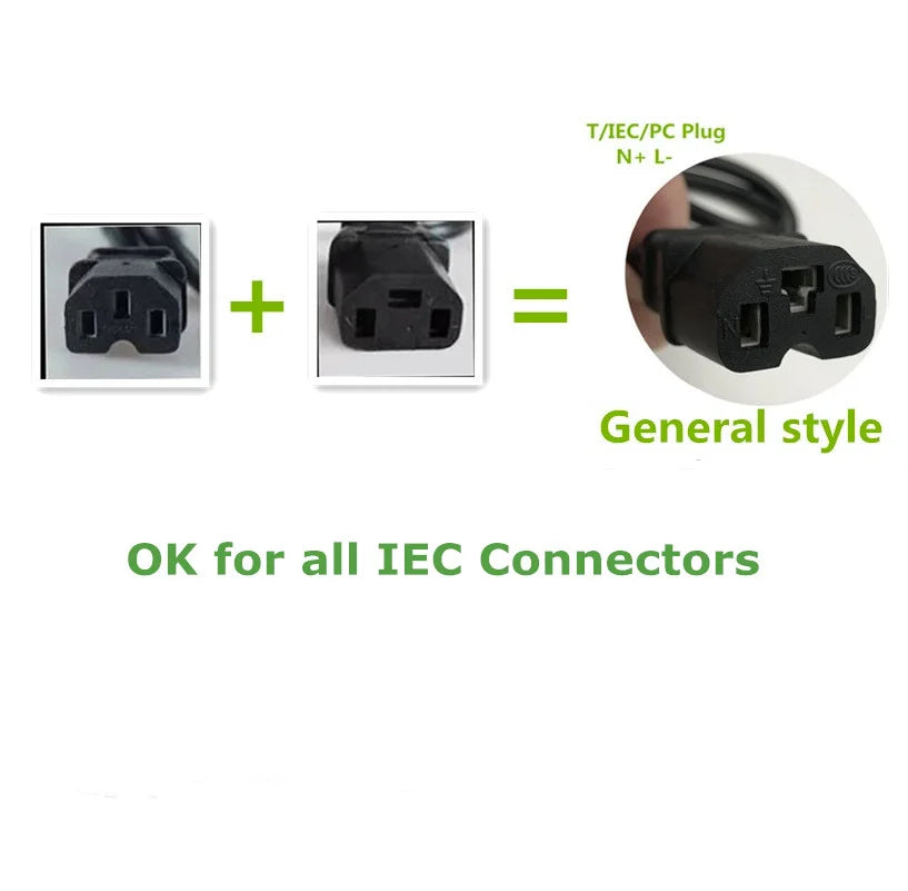 An explanatory graphic showing two black power plug icons with a plus sign and equals sign, leading to a circular inset of a black IEC plug. Green text reads 'T/IEC/PC Plug N+ L-' and 'General style,' with additional text below saying 'OK for all IEC Connectors.