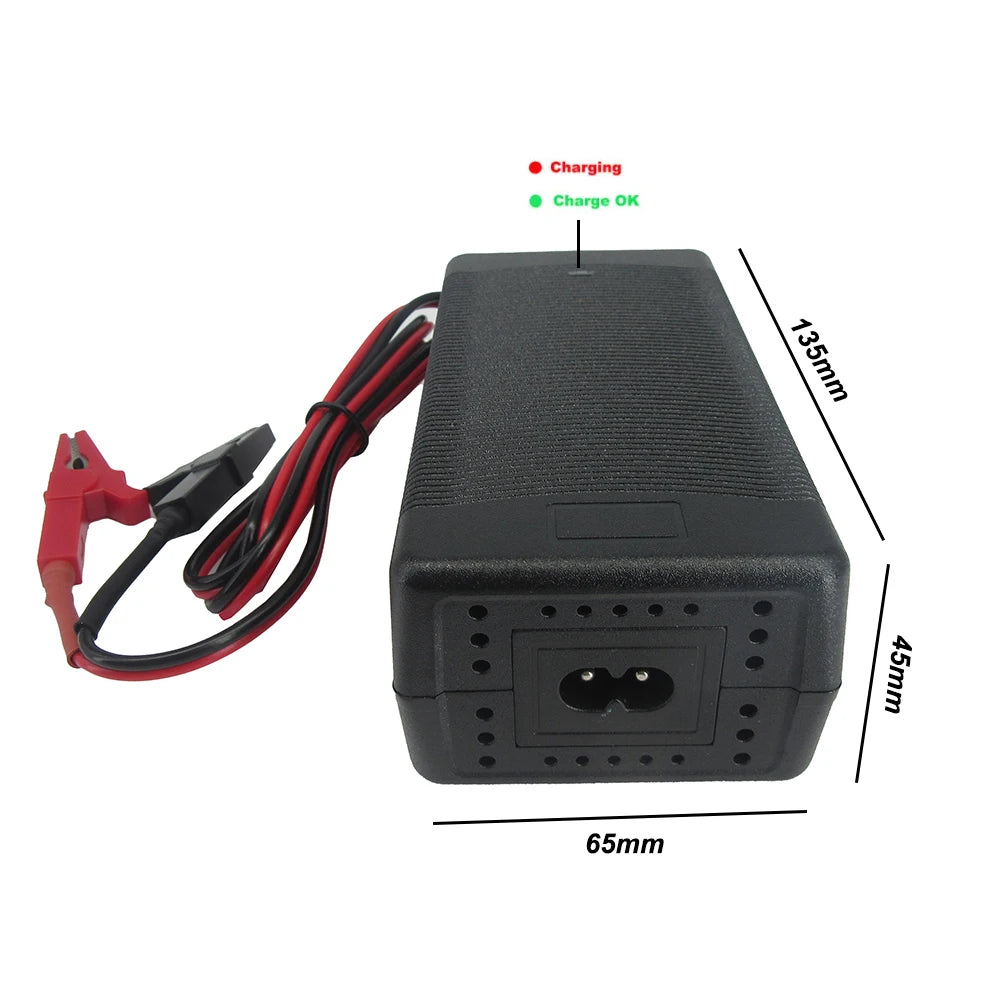 Black battery charger with clamps and dimensions on a white background