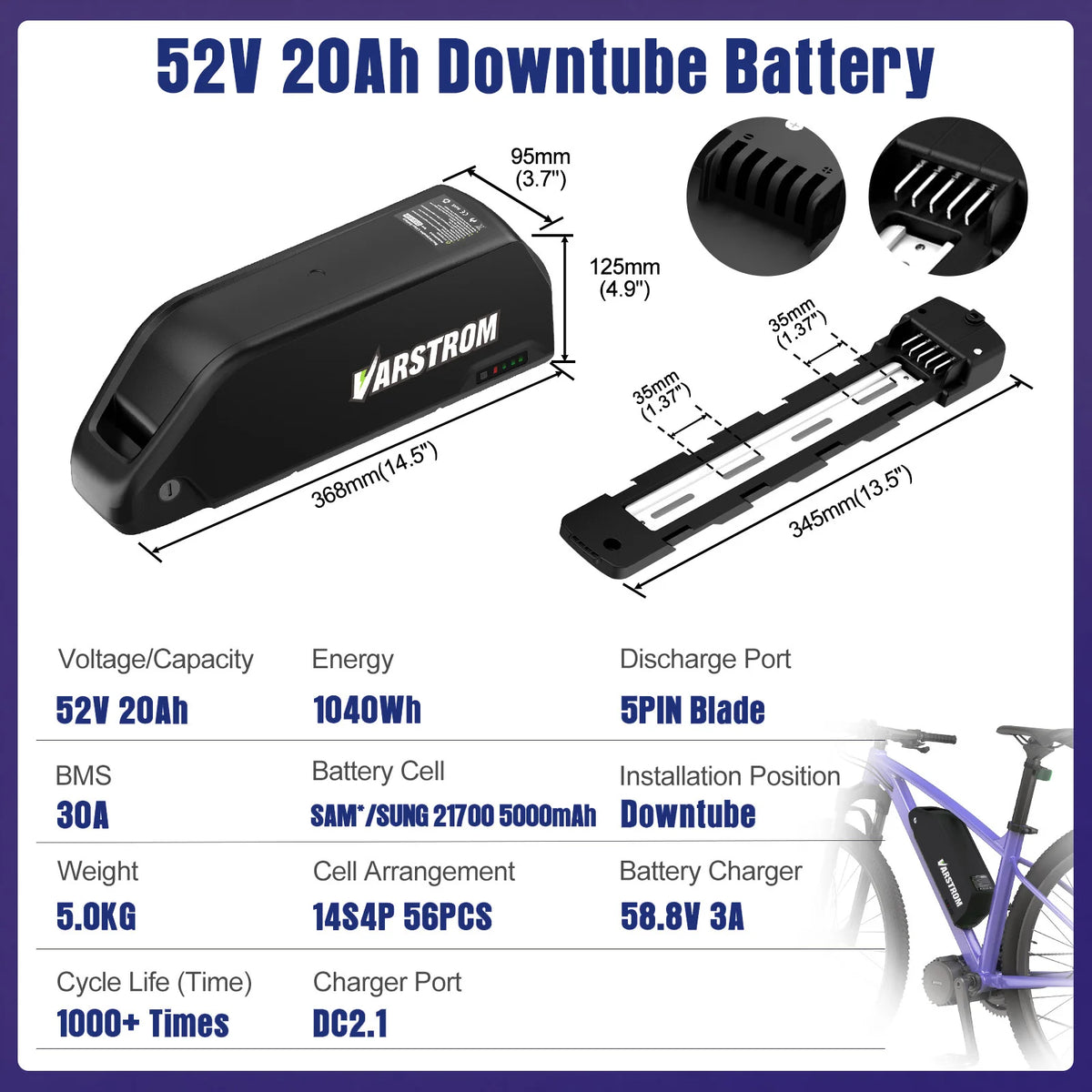 A Varstrom 52V 20Ah downtube bicycle battery shown on a white background with blue text and dimension callouts, plus two circular close-up insets of the battery terminals. A small bicycle is partially visible on the right edge.