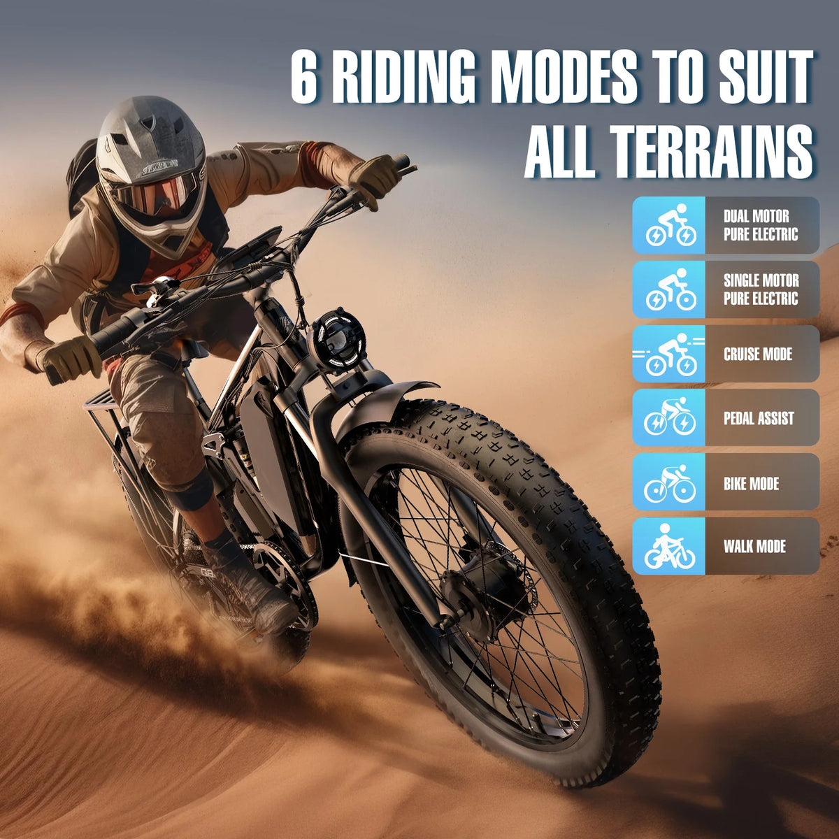 Person riding an electric bike in the desert with text about 6 riding modes.