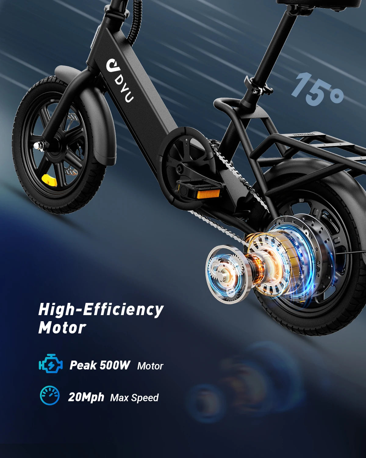 Black electric scooter with high-efficiency motor details on a dark blue background