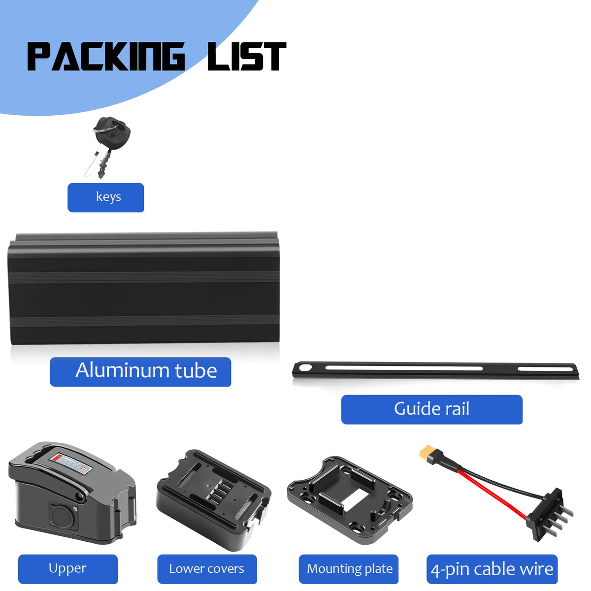 Packing list graphic showing included components for an aluminum tube accessory: keys, an aluminum tube, a guide rail, upper and lower covers, a mounting plate, and a 4-pin cable wire, labeled on a white background with a blue 'PACKING LIST' header.