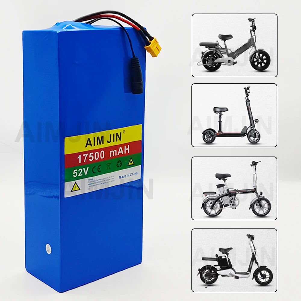 A blue rectangular AIM JIN battery pack with a yellow, red, and green label showing 17500 mAh and 52V, alongside four small inset images of different electric bicycles and scooters that use this battery.