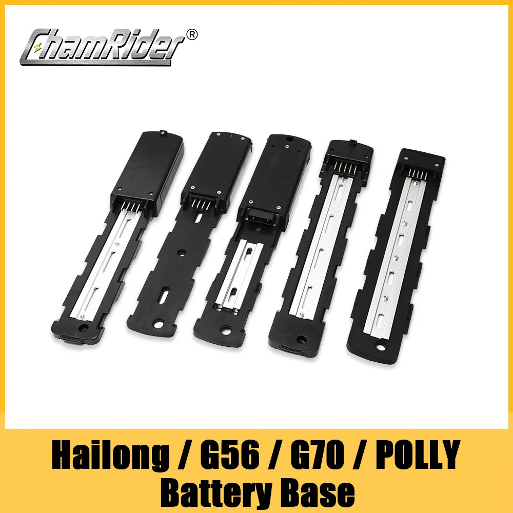 Five black battery base mounts for Hailong G56 and G70 POLLY batteries, arranged in a row on a white background with a yellow border and the ChamRider brand logo.