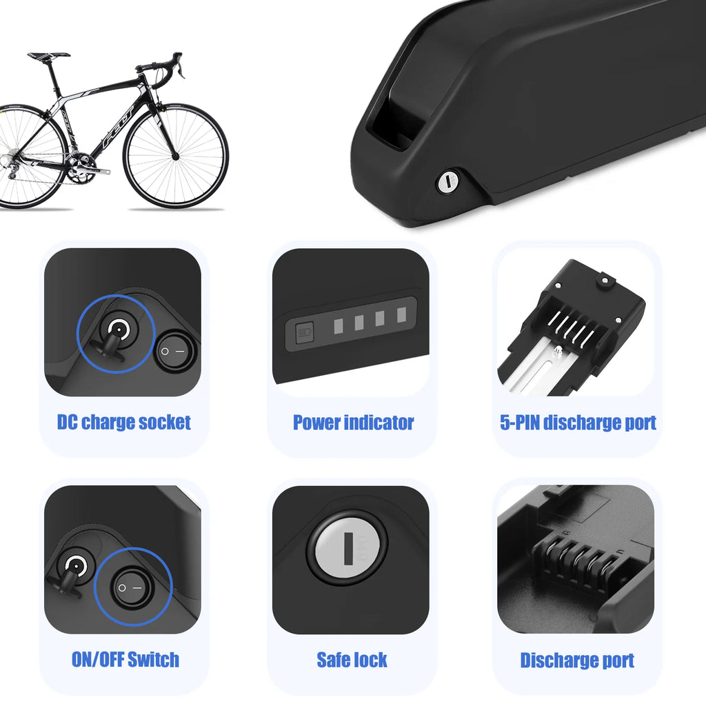 Black bicycle battery accessory set shown on a white background, including a close-up of the battery end, a bicycle for scale, and six feature callout panels labeled DC charge socket, power indicator, 5-PIN discharge port, ON/OFF Switch, safe lock, and discharge port.