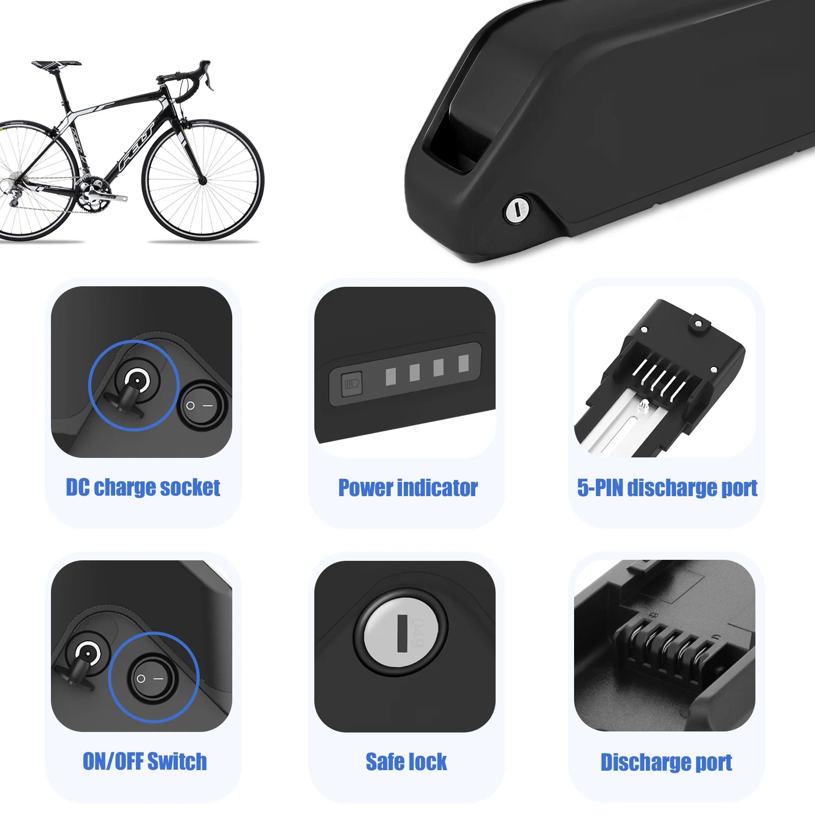 Black bicycle battery accessory set shown on a white background, including a close-up of the battery end, a bicycle for scale, and six feature callout panels labeled DC charge socket, power indicator, 5-PIN discharge port, ON/OFF Switch, safe lock, and discharge port.
