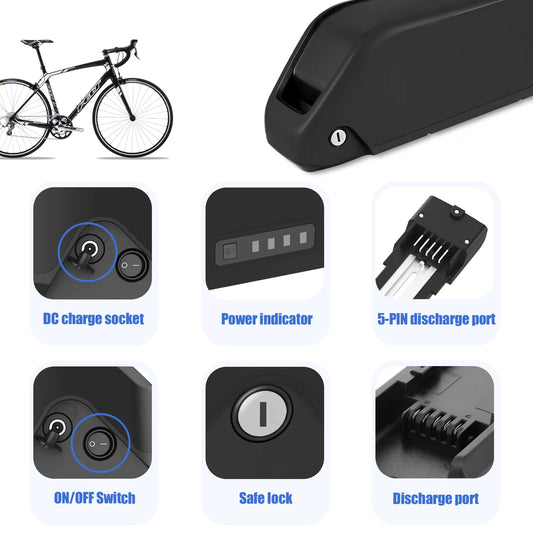 Black bicycle battery accessory set shown on a white background, including a close-up of the battery end, a bicycle for scale, and six feature callout panels labeled DC charge socket, power indicator, 5-PIN discharge port, ON/OFF Switch, safe lock, and discharge port.