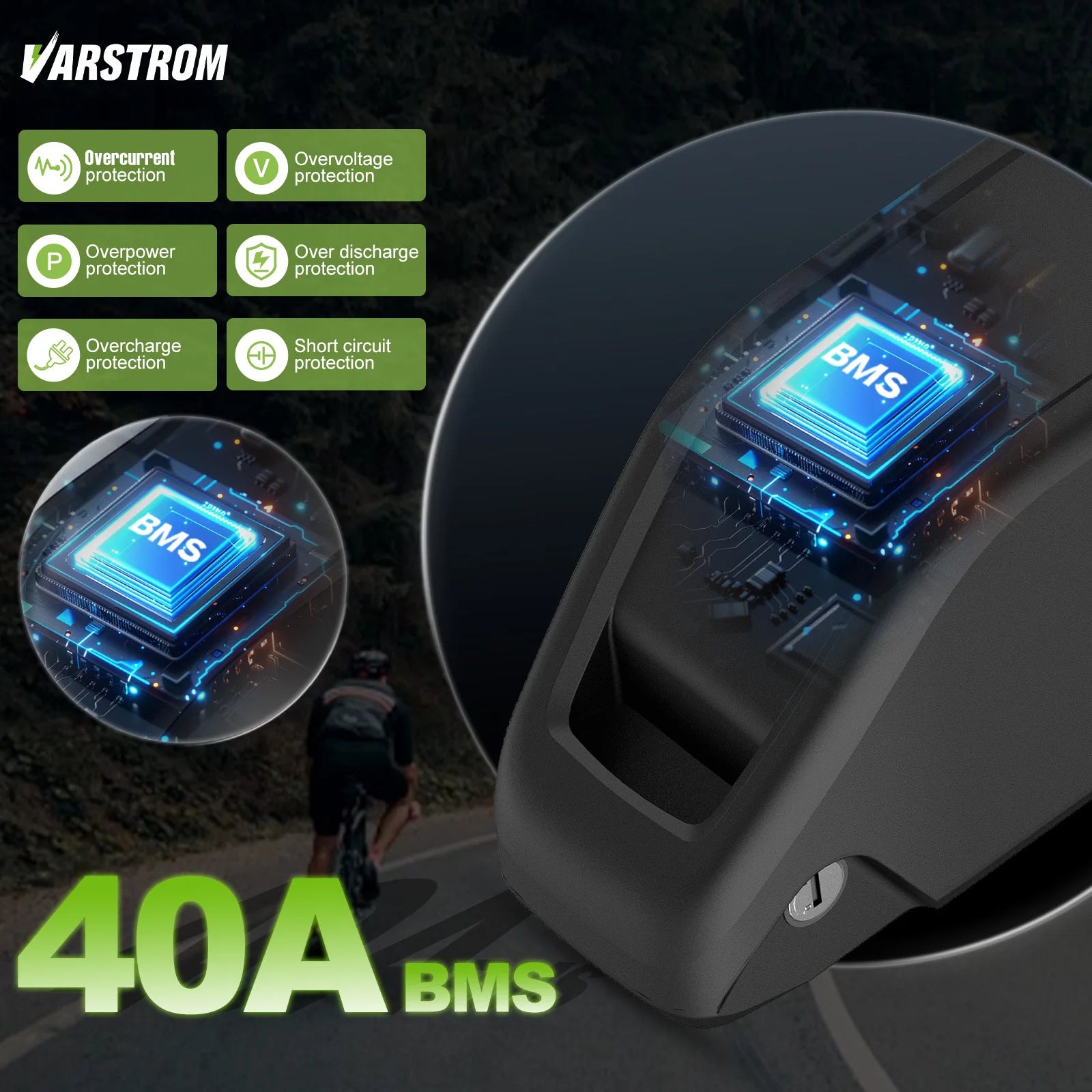 BMS (Battery Management System) module with protective features and Varstrom branding on a dark background.