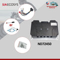 SiA Ecosys ND72450 motorcycle electronic control module with wiring harness, mounting hardware, and accessories shown on a gray promotional background with US warehouse delivery branding.
