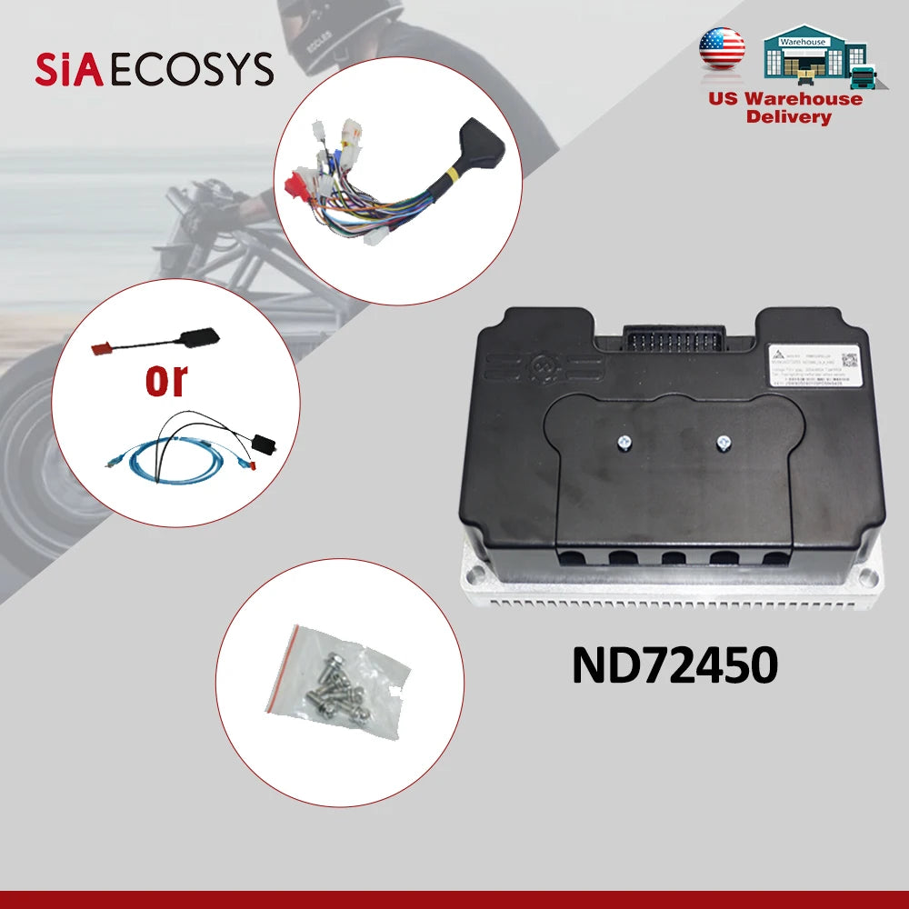 SiA Ecosys ND72450 motorcycle electronic control module with wiring harness, mounting hardware, and accessories shown on a gray promotional background with US warehouse delivery branding.