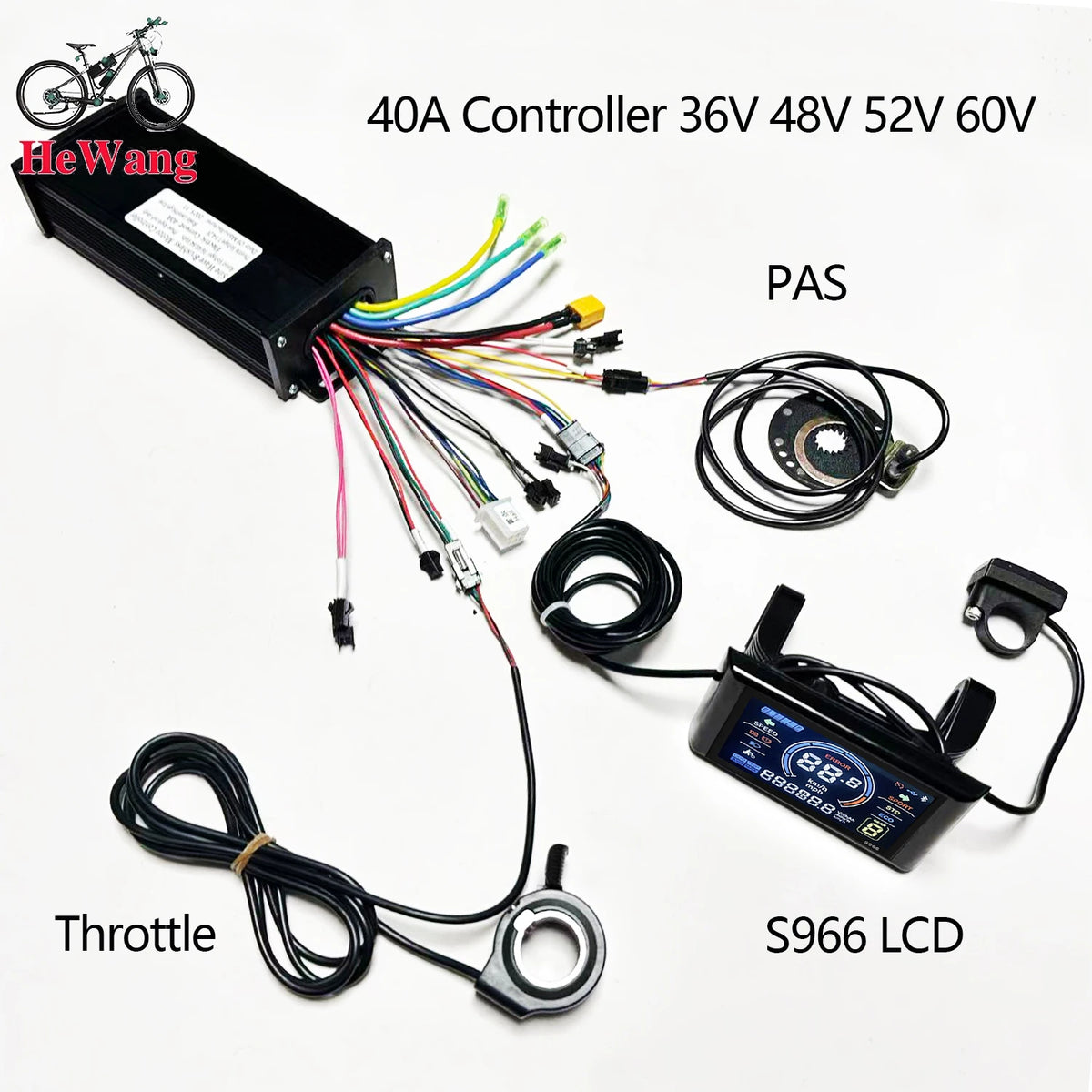 Bike controller kit with multiple wired components on a white background, including a black rectangular controller labeled HeWang, a PAS module, a throttle sensor cable, and an S966 LCD display module. Text labels identify the parts.