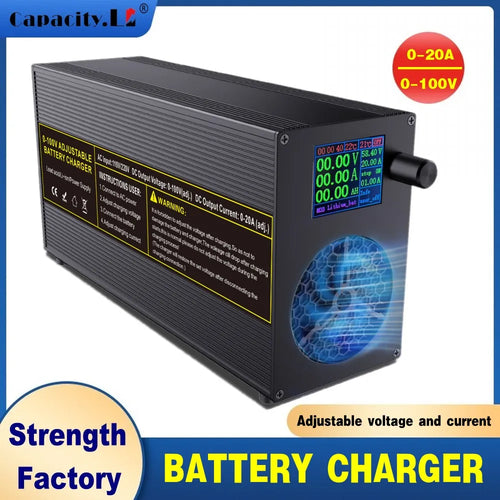 Black 5-100V adjustable battery charger with a digital display screen and blue fan graphic on the front panel, shown on a white background with promotional text overlays.
