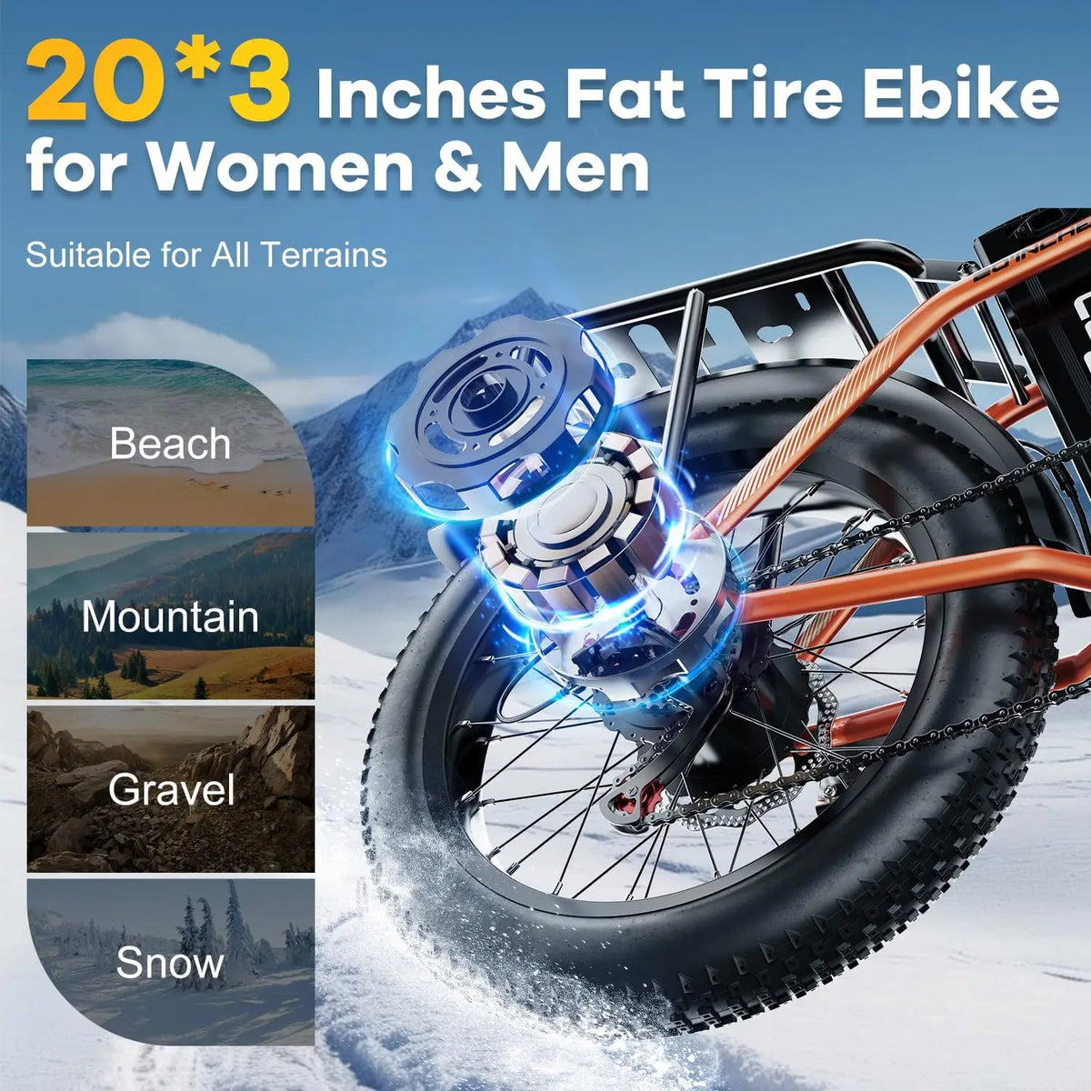 Fat tire eBike with 20*3 inches tires, suitable for all terrains including beach, mountain, gravel, and snow, on a snowy background.
